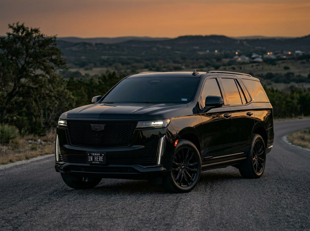 Front view of the blacked-out Cadillac Escalade luxury SUV